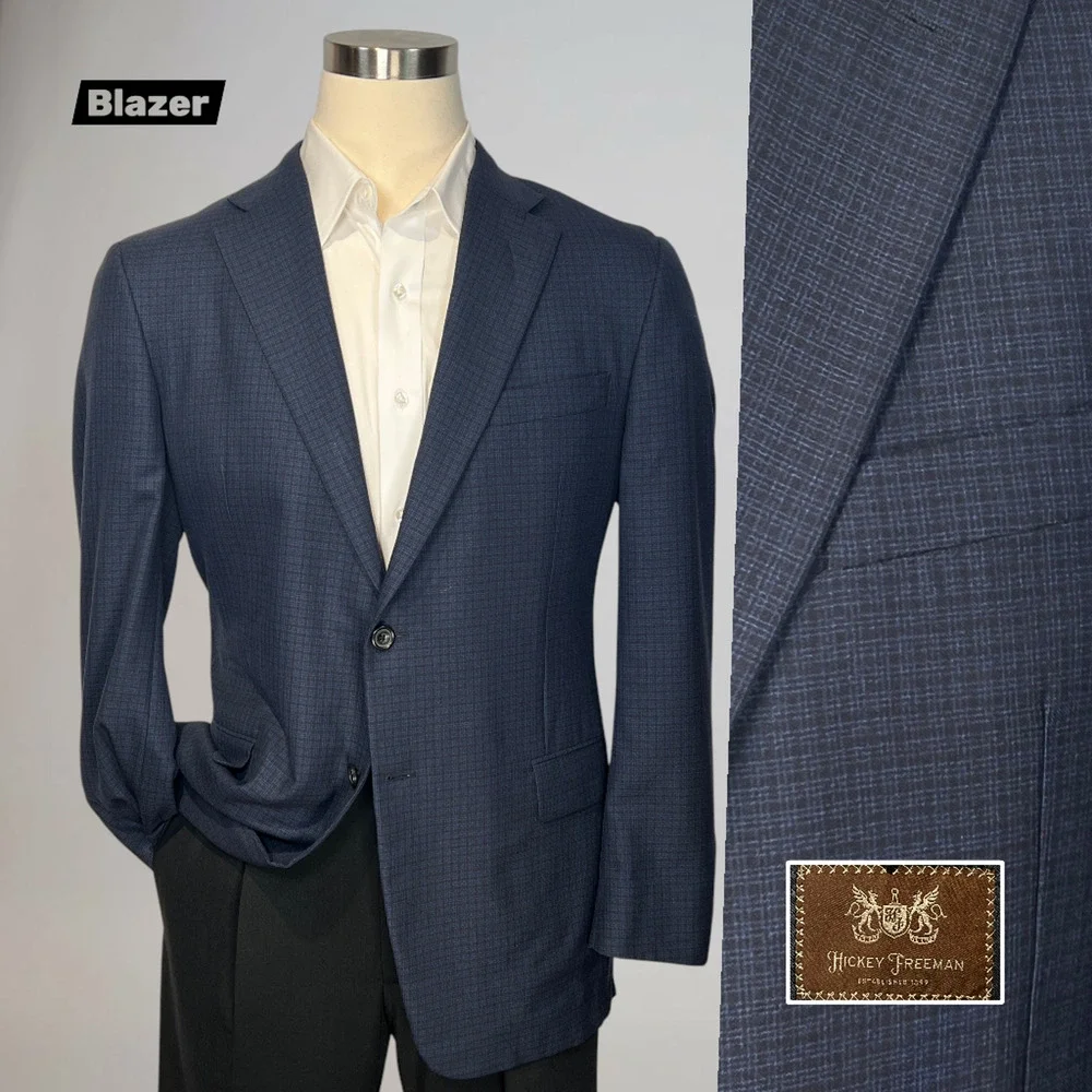 Hickey Freeman Beacon 44R Starlight Blue Black Micro Check Plaid Wool Blazer